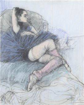 A sketch of a figure in a blue dress reclining on a bed, rendered with loose charcoal lines and soft pastel shading.