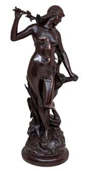 A bronze sculpture of a nude female figure standing amidst foliage, holding a branch and a small object.