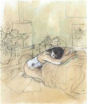 A sketch of a person resting on a bed in a softly lit room.