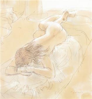 A loose, sketch-like study of a nude figure lying on a bed in warm, monochromatic tones.
