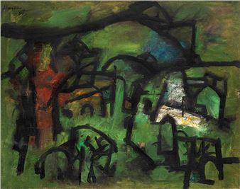 An abstract composition of a village scene rendered in bold, gestural brushstrokes.