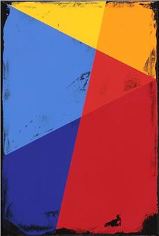 A bold geometric composition featuring large colored triangles and a small silhouette against a textured background.