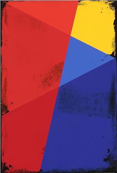 A bold abstract composition featuring large geometric shapes in primary colors against a textured background.