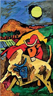 A vibrant, angular depiction of a matador on horseback against a dramatic sky.