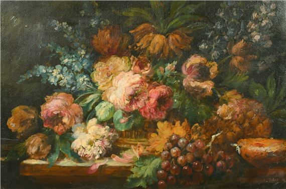 A rich still life composition featuring a vibrant bouquet of flowers and an assortment of fresh fruit.