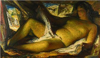 A reclining nude figure in a rustic, earthy setting with bold brushwork and warm tones.