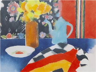 A vibrant still life featuring a vase of yellow flowers, a blue pitcher, and colorful fabric against a dark floral background.