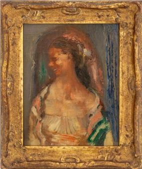 A loose, impressionistic portrait of a smiling figure in a golden frame.