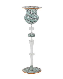 A tall, slender glass candlestick with a textured turquoise and silver pattern.