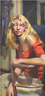 A portrait of a seated figure with blonde hair and a red top, rendered in a loose, expressive style.
