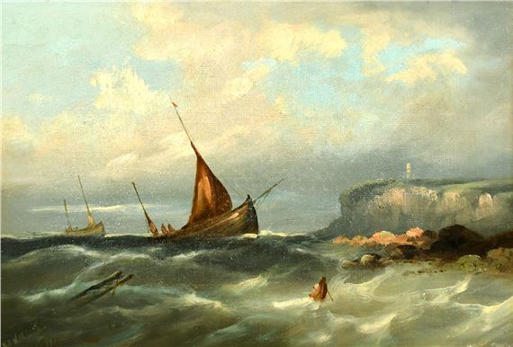 A dramatic seascape painting featuring a struggling sailboat against rough waves and a distant lighthouse.