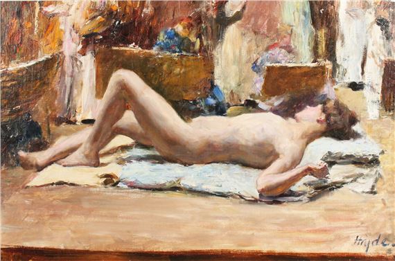 A nude figure reclines on a cloth in an impressionistic painting with warm, earthy tones.