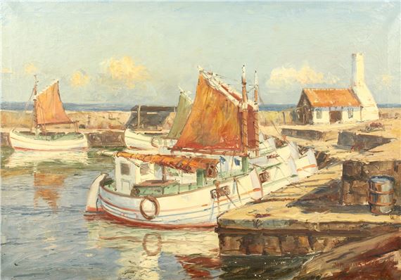 A serene harbor scene featuring weathered fishing boats and a rustic cottage under a soft sky.