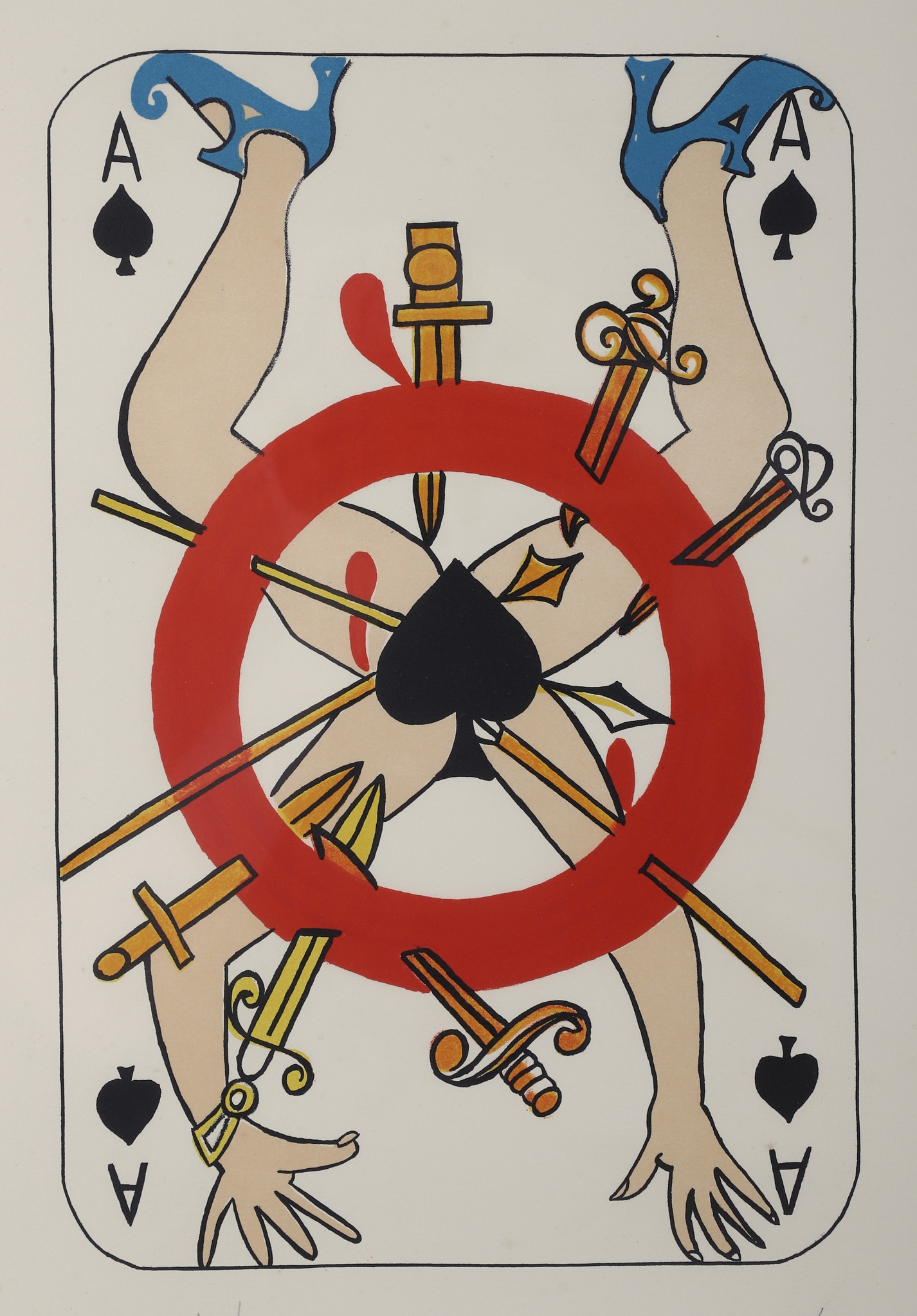 A stylized playing card illustration featuring a central red circle with crossed swords and hands reaching upward.