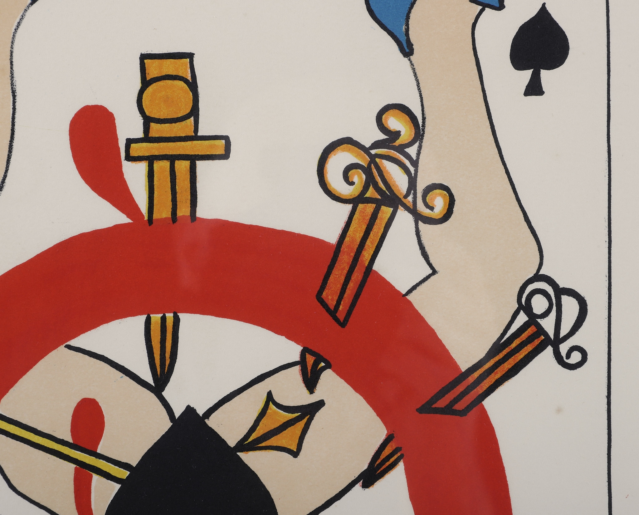 A stylized playing card illustration featuring a central red circle with crossed swords and hands reaching upward.