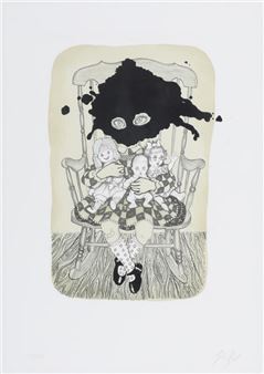 A surreal illustration of a rocking chair holding three small figures beneath a large, ink-splashed black mass with two eyes.