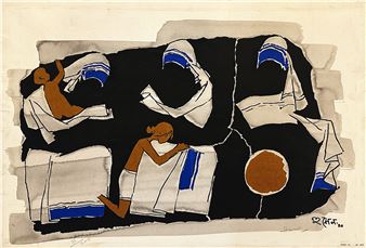 A bold, abstract composition of figures in white robes against a black background.