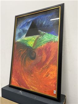 A vibrant abstract painting featuring a swirling landscape with a dark pyramid and bold, expressive brushstrokes.