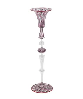 A tall, multi-tiered glass candlestick with pink and clear sections.