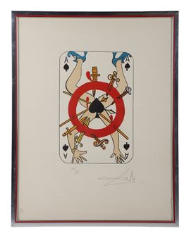 A stylized playing card illustration featuring a central red circle with crossed swords and hands reaching upward.