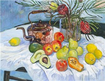 A vibrant still life painting featuring a teapot, fruit, and flowers on a white cloth.