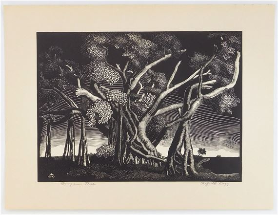 A black and white woodcut print of a dense forest scene with gnarled trees.
