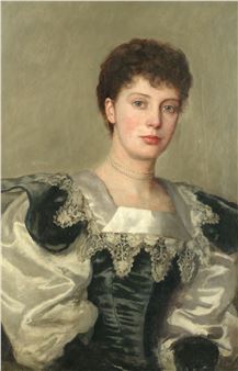 A formal portrait of a woman in an ornate dress against a muted background.