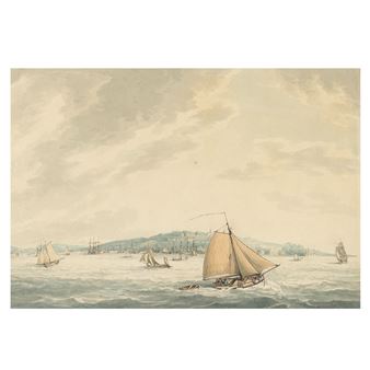 A maritime scene featuring multiple sailing vessels navigating choppy waters under a cloudy sky.