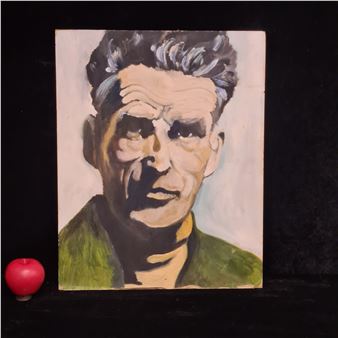A bold, expressive portrait of a man with dark hair and a green shirt, rendered in thick paint strokes against a plain background.