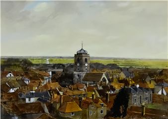 A muted, atmospheric landscape painting of a historic town dominated by a stone clock tower.