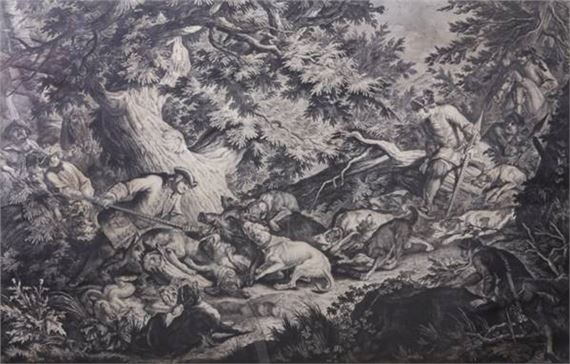 A monochromatic engraving depicting a chaotic forest scene filled with figures and animals.