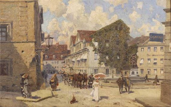 A bustling European street scene filled with horse-drawn carriages, pedestrians, and historic buildings under a bright sky.
