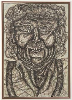 A hyper-realistic ink drawing of a wrinkled face with an open mouth, rendered in monochrome tones.