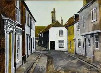 A quiet street scene featuring a row of traditional houses with varied textures and muted colors.