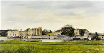 A watercolor landscape of a stone castle complex beside a river under an overcast sky.