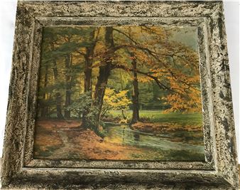 A textured frame encloses a serene autumn forest landscape with a winding stream.