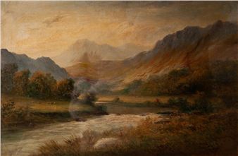 A moody landscape painting featuring a winding river, distant mountains, and a hazy sky.