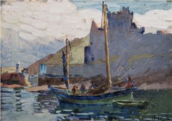 A watercolor seascape featuring a small boat with figures against a rugged coastal backdrop.