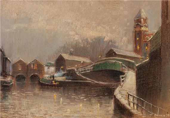 A moody, atmospheric painting of a canal scene at dusk.