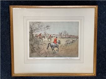 A framed watercolor print depicting a fox hunt scene with riders on horseback in a rural landscape.