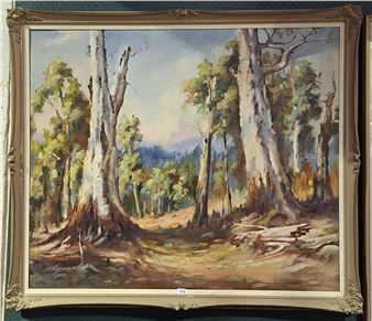 A landscape painting of a forest with tall trees and distant hills.