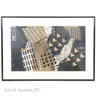 A geometric abstract composition featuring layered triangles, dots, and lines in a muted palette of beige, black, and white.