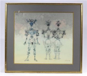 A framed artwork featuring three ghostly, skeletal figures against a soft, cloudy background.