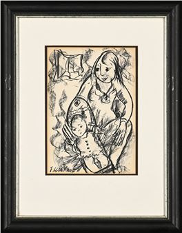 A black-and-white sketch of a mother holding a child, framed in dark wood.