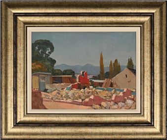 A framed landscape painting depicting a sun-drenched rural scene with rubble, buildings, and distant mountains.