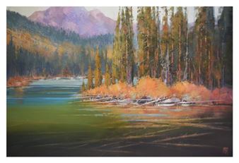 A serene landscape painting of a river reflecting autumnal trees and distant mountains.