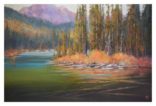A serene landscape painting of a river reflecting autumnal trees and distant mountains.