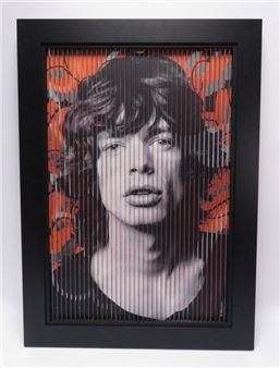 A framed portrait of a person with dark hair, viewed through vertical slats against an orange background.