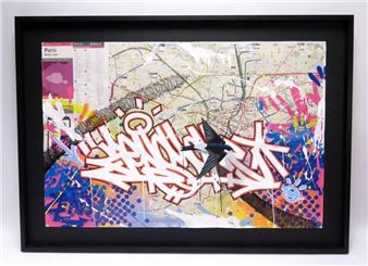 A colorful graffiti-style artwork featuring a map background, spray paint splatters, and bold white lettering.