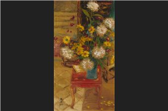 A vibrant still life featuring a colorful bouquet of flowers in a blue vase resting on a red stool.